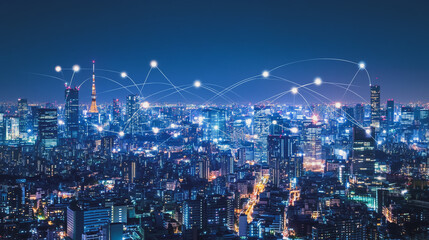 Smart digital Innovation city with connection network reciprocity over the cityscape. of future smart wireless city and social media networking systems that connects business people with in city