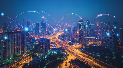 Fototapeta premium Smart digital Innovation city with connection network reciprocity over the cityscape. of future smart wireless city and social media networking systems that connects business people with in city