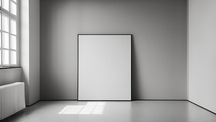 This design embodies a modern minimalist theme, highlighted by an empty hall in light grey and adorned with a mock-up wall