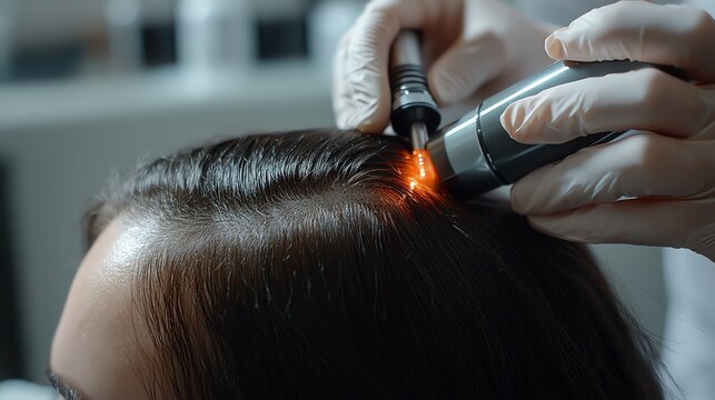 Close-up of hair analysis with electronic device for hair health assessment.