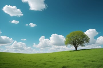 Obraz premium there is a lone tree in a grassy field with a blue sky