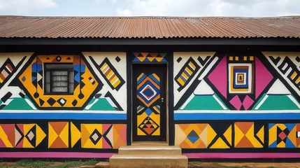 Fotobehang Ndebele Heritage, Colorful symmetrical geometric patterns adorn traditional South African houses, showcasing rich cultural artistry and heritage © Usman