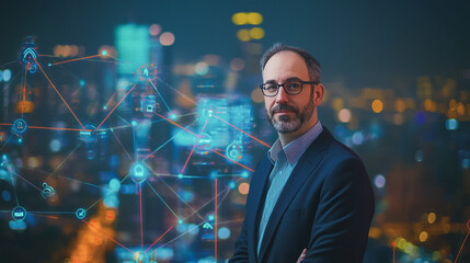 Smart digital Innovation city with connection network reciprocity over the cityscape. of future smart wireless city and social media networking systems that connects business people with in city