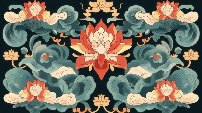Tibetan Thangka Motifs, intricate lotus flowers, swirling clouds, vibrant colors, cultural artistry, spiritual symbolism, serene composition