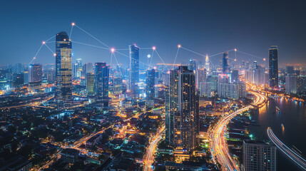 Fototapeta premium Smart digital Innovation city with connection network reciprocity over the cityscape. of future smart wireless city and social media networking systems that connects business people with in city