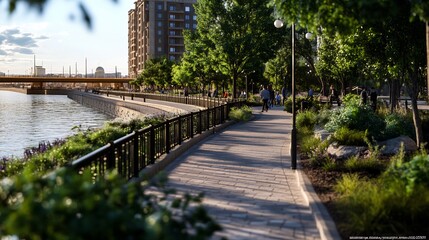 Evening Stroll by the River: A Serene Urban Landscape