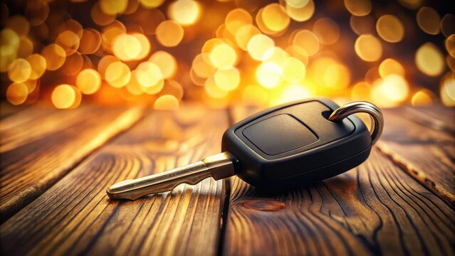 Bokeh-enhanced automotive key stock photo. Black key rests on a rustic wooden desk, providing ample space for text.