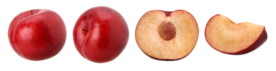 Obraz premium Plums, halves and pieces isolated, transparent PNG, PNG format, Fresh plums