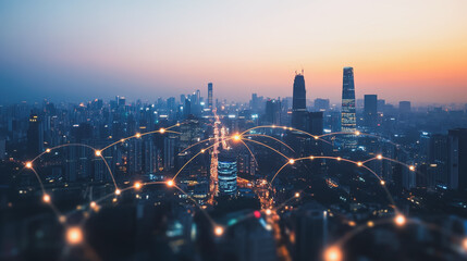 Naklejka premium Smart digital Innovation city with connection network reciprocity over the cityscape. of future smart wireless city and social media networking systems that connects business people with in city