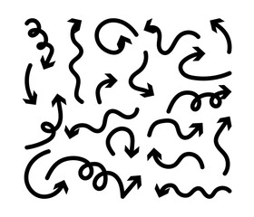 Drawing pen curve arrow set. Black doodle icons isolated on white background. Vector design elements