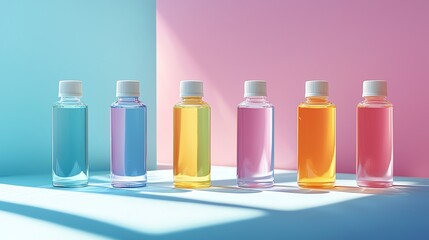 Colorful bottles lined up against pastel background, showcasing vibrant hues and soft lighting.