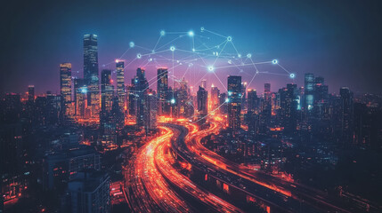 Fototapeta premium Smart digital Innovation city with connection network reciprocity over the cityscape. of future smart wireless city and social media networking systems that connects business people with in city