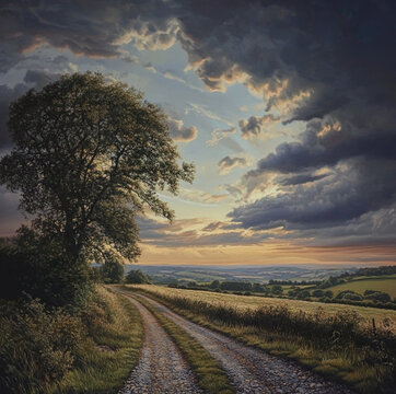 moody photograph of english sky, lively colours, warm afternoon light coming from the rigth side