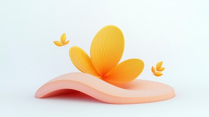 A vibrant, abstract design featuring a yellow flower atop a soft, pink wave, accented by smaller flowers for a playful and artistic feel.