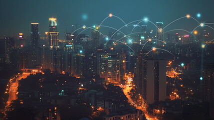Fototapeta premium Smart digital Innovation city with connection network reciprocity over the cityscape. of future smart wireless city and social media networking systems that connects business people with in city