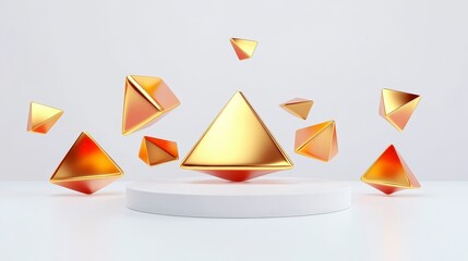 A collection of golden geometric shapes, including pyramids, hovers above a circular base against a minimalist background.