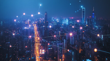 Smart digital Innovation city with connection network reciprocity over the cityscape. of future smart wireless city and social media networking systems that connects business people with in city