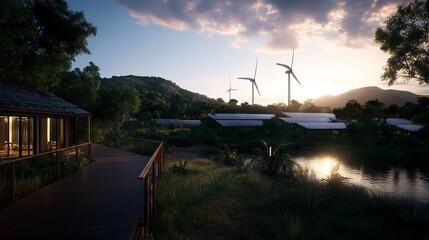 Obraz premium Eco-Friendly House Near Wind Turbines and Solar Panels at Sunset