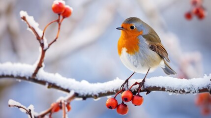A cheerful robin with an orange chest perched gracefully on a frosty tree branch in a picturesque winter landscape showcasing the beauty and resilience of nature