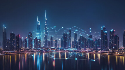 Obraz premium Smart digital Innovation city with connection network reciprocity over the cityscape. of future smart wireless city and social media networking systems that connects business people with in city