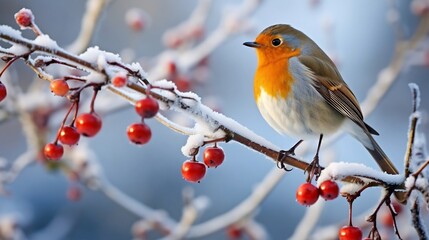 A cheerful robin with an orange chest perched gracefully on a frosty tree branch adding a touch of vibrant color and natural beauty to the serene winter landscape