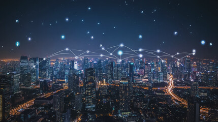 Fototapeta premium Smart digital Innovation city with connection network reciprocity over the cityscape. of future smart wireless city and social media networking systems that connects business people with in city