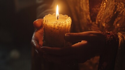 A person holding a lit candle, casting a warm glow in a dimly lit environment.
