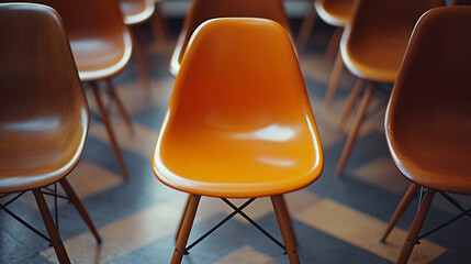 A single empty chair in a circle of others, symbolizing inclusion amidst blurred chaos, inviting a sense of openness and connection in a dynamic setting.

