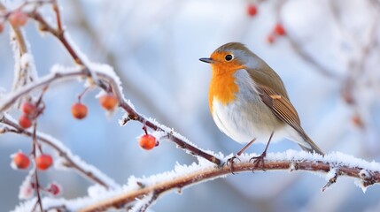 Fototapeta premium Vibrant and cheerful robin with an orange chest perched gracefully on a frosty tree branch surrounded by winter foliage and a snowy natural environment