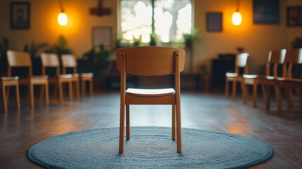 A single empty chair in a circle of others, symbolizing inclusion amidst blurred chaos, inviting a sense of openness and connection in a dynamic setting.

