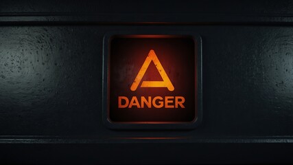 Naklejka premium A glowing red triangular danger sign in a dark environment, representing caution, warnings, and potential hazards.