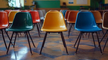 A single empty chair in a circle of others, symbolizing inclusion amidst blurred chaos, inviting a sense of openness and connection in a dynamic setting.

