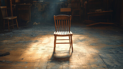 A single empty chair in a circle of others, symbolizing inclusion amidst blurred chaos, inviting a sense of openness and connection in a dynamic setting.

