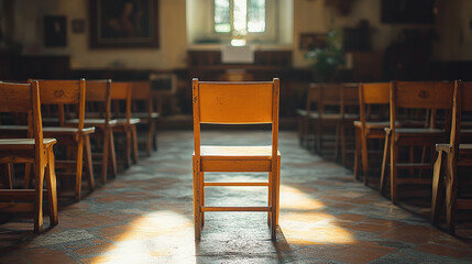 A single empty chair in a circle of others, symbolizing inclusion amidst blurred chaos, inviting a sense of openness and connection in a dynamic setting.

