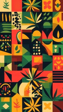 Jamaican Reggae Inspired Flat Design, vibrant tropical colors, symbolic shapes, rhythmic patterns reflecting cultural essence