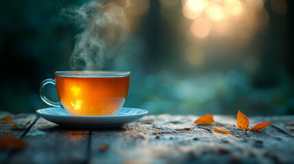 single empty cup of tea with steam rising from it, symbolizing the fleeting nature of comfort and peaceful moments, with blurred space on the side to evoke a sense of quiet and impermanence