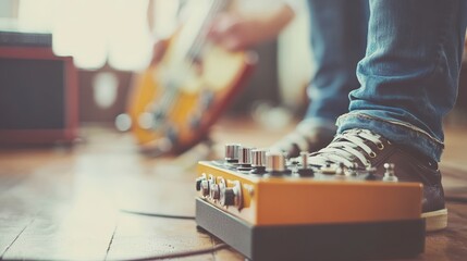 Close-up of musician's foot on guitar pedal during rehearsal.