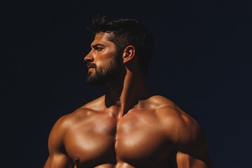 Fototapeta premium A male model with styled, spiky hair and a rugged beard posing in a studio with a dramatic dark background