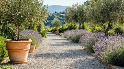 A serene Mediterranean garden with gravel pathways, olive trees, and terracotta pots filled with lavender, sunlight casting soft shadows, minimalist dry landscape design, 