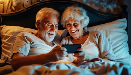 Obraz premium Joyful Elderly Couple Enjoying Smartphone Together in Cozy Bedroom Setting at Night