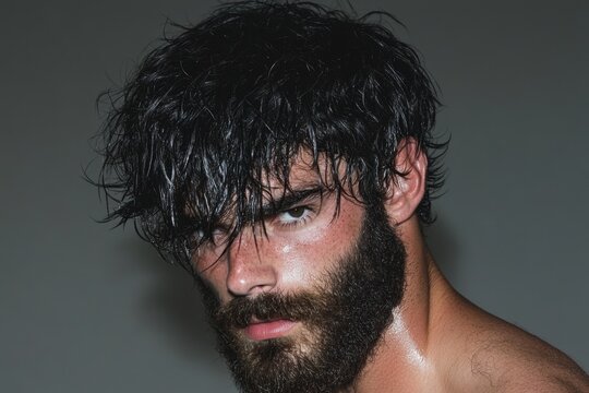 A male model with styled, spiky hair and a rugged beard posing in a studio with a dramatic dark background