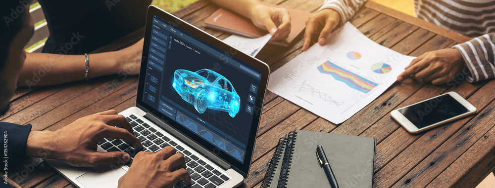 Poster electric car design software on computer screen showing simulation blueprint snugly by digital calcu