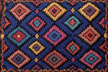 A minimalist interpretation of a Hmong textile pattern, using bold, colorful triangles and diamonds arranged in a symmetrical layout