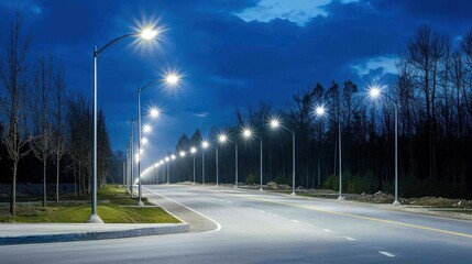 Night scene of a road lit by streetlights.