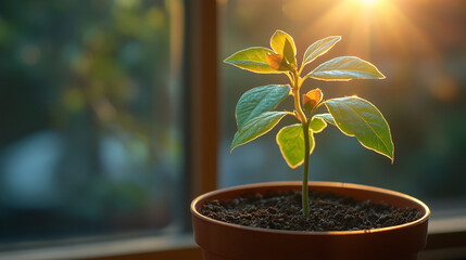 A single vibrant plant thrives in the corner of a bright modern office symbolizing growth fresh starts and positive change its calming presence contrasts with the blurred chaotic backdrop of workplace