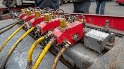 Close-up of red and yellow hydraulic valves and tubing on industrial machinery.