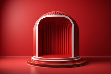 a close up of a red room with a red wall and a red chair