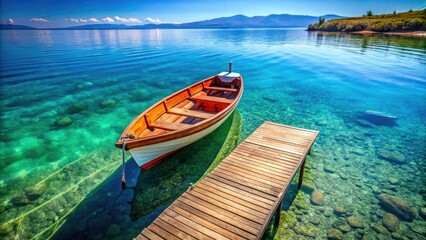 Obraz premium High-resolution aerial shot: a solitary wooden pier, empty boat, bathed in sunlight.