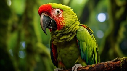 Fototapeta premium Vibrant green parrot with a playful curious expression perched on a branch in a lush verdant rainforest environment