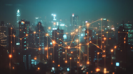Fototapeta premium Smart digital Innovation city with connection network reciprocity over the cityscape. of future smart wireless city and social media networking systems that connects business people with in city